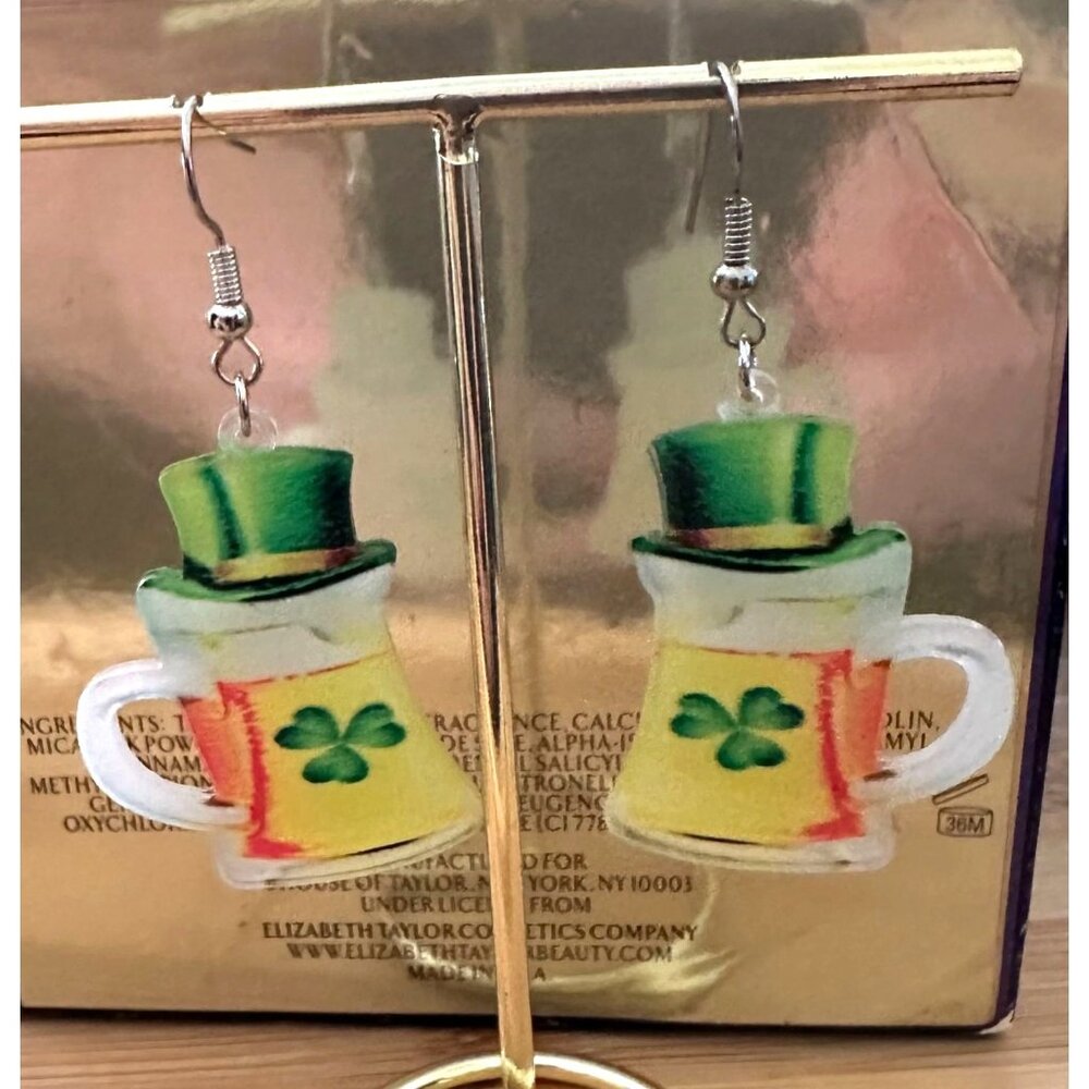 St Patricks Day Earrings Beer Shamrock Leprechaun Hat Dangle Hooks Parad…